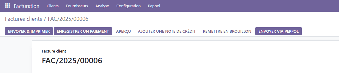 Bouton Envoyer via Peppol dans Odoo
